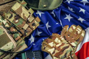 Military ammunition on US flag close up